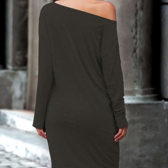 grey Soft Boat Neck Long Sleeve solid dress - Picture 7 of 14